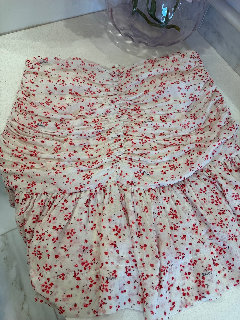 Ganni White Mini Skirt with Red Floral Print